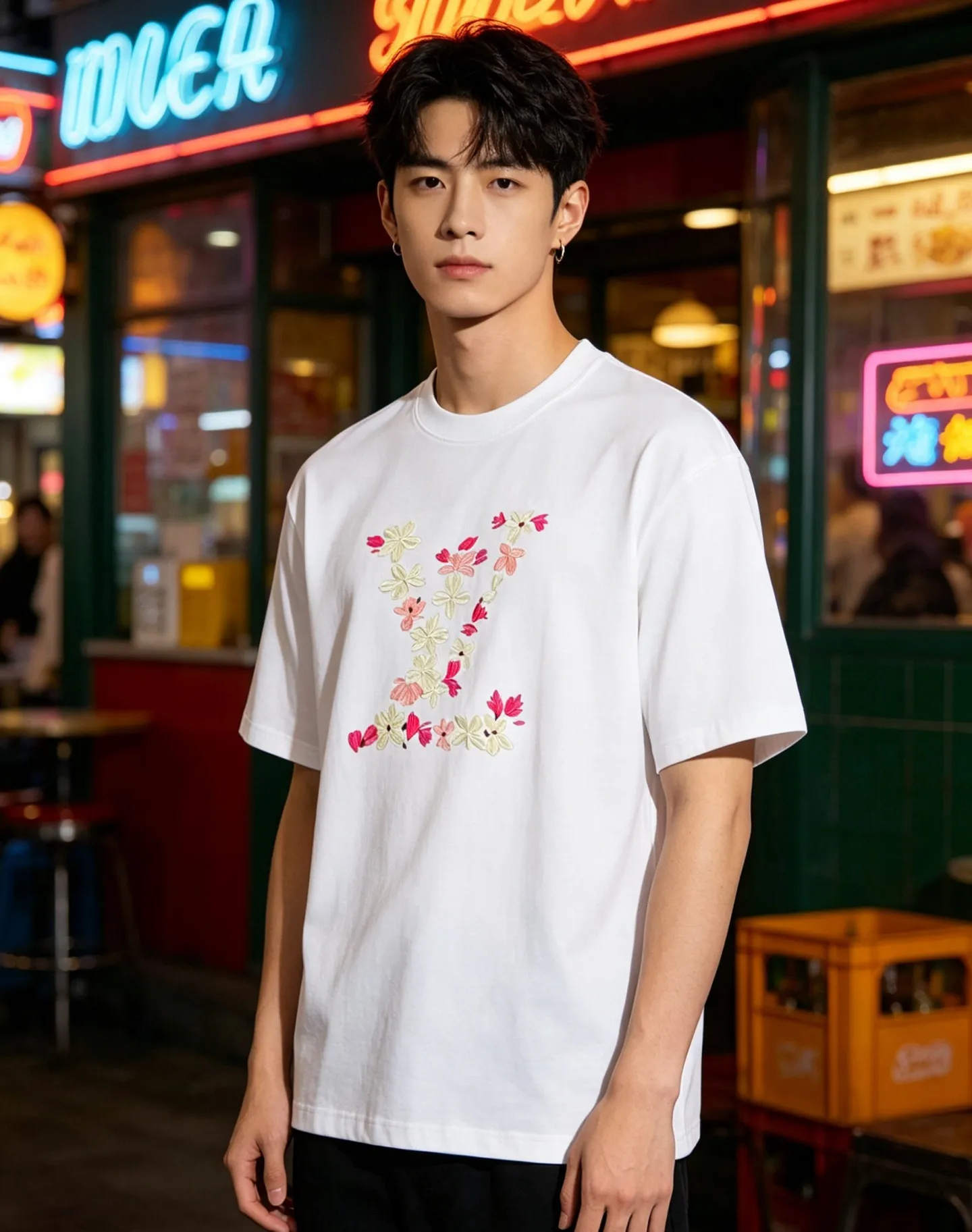 Louis Vuitton/Louis Vuitton 26ss cherry blossom embroidered LV logo short sleeves